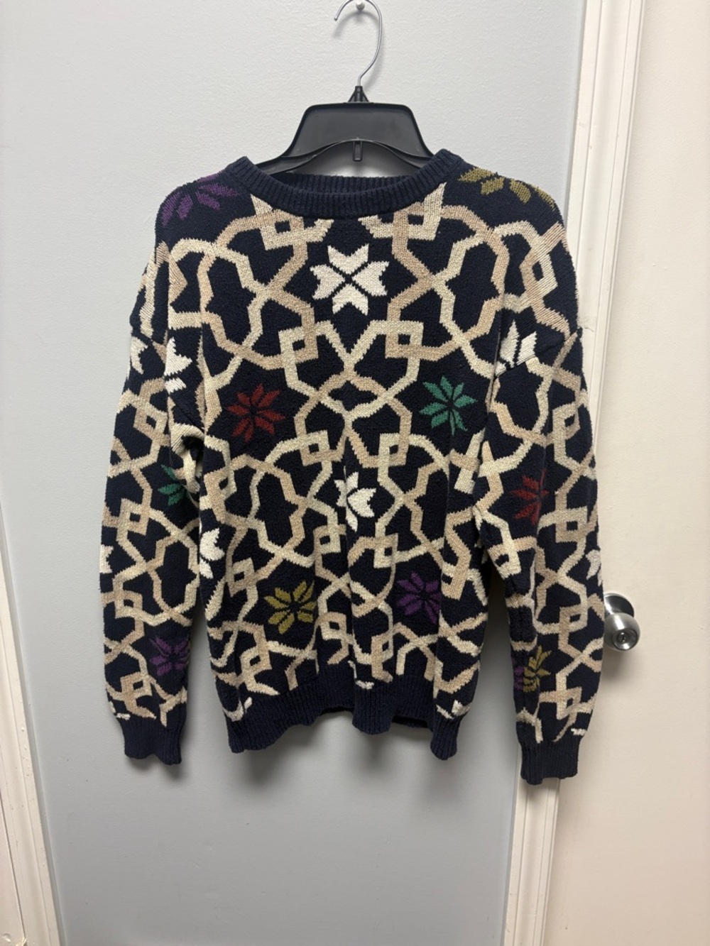Dad sweater Navy Patterned Crewneck Sweater with Multicolor Accents